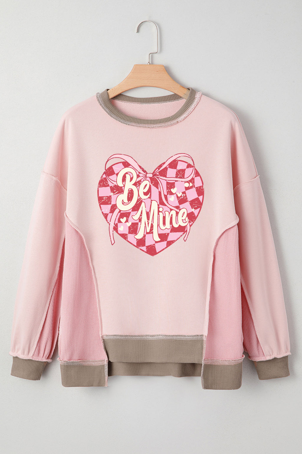 Light Pink Color Block Waffled Patchwork Be Mine Cracking Checkered Heart Print Sweatshirt 39c2655081e9cae6