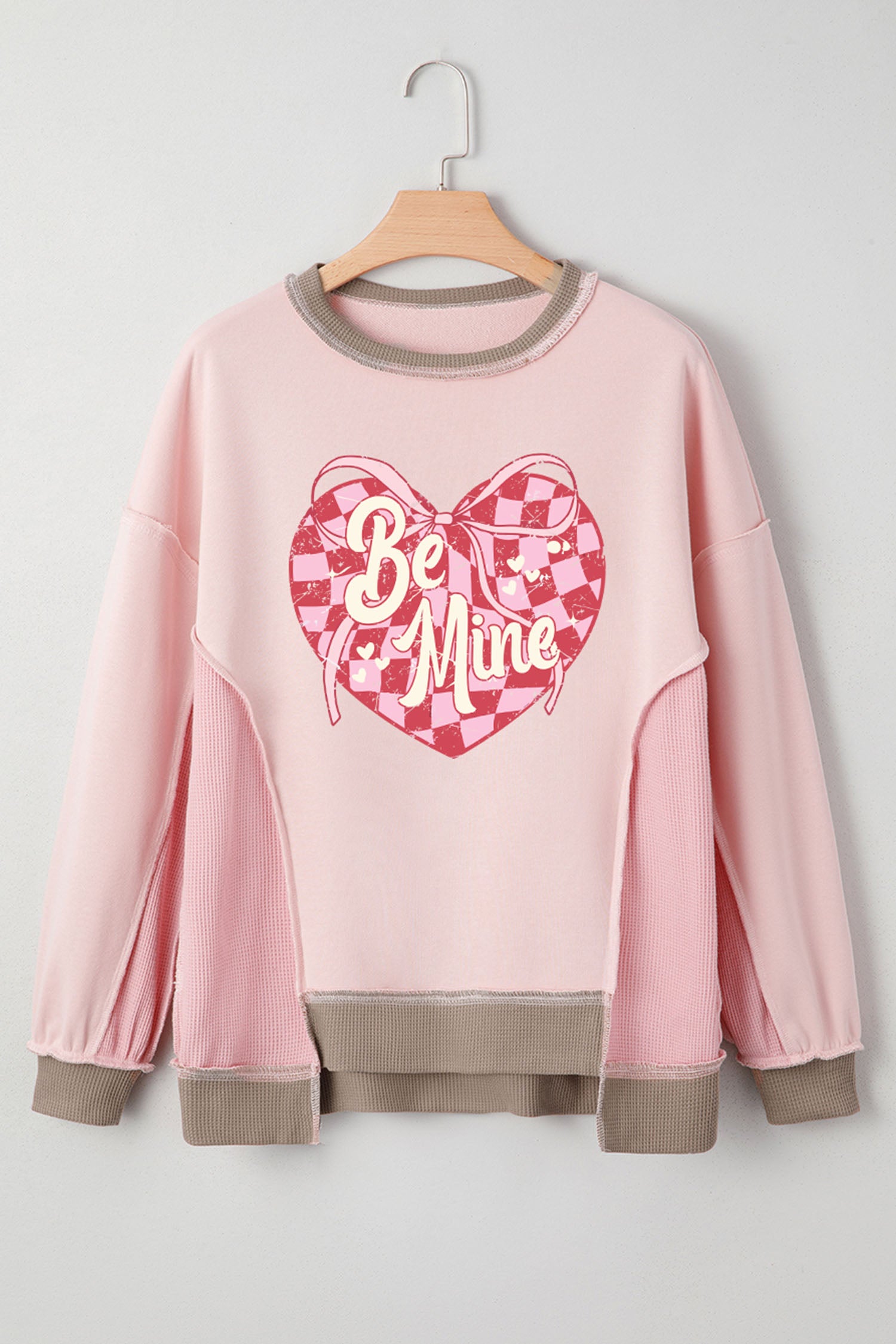 Light Pink Color Block Waffled Patchwork Be Mine Cracking Checkered Heart Print Sweatshirt 39c2655081e9cae6