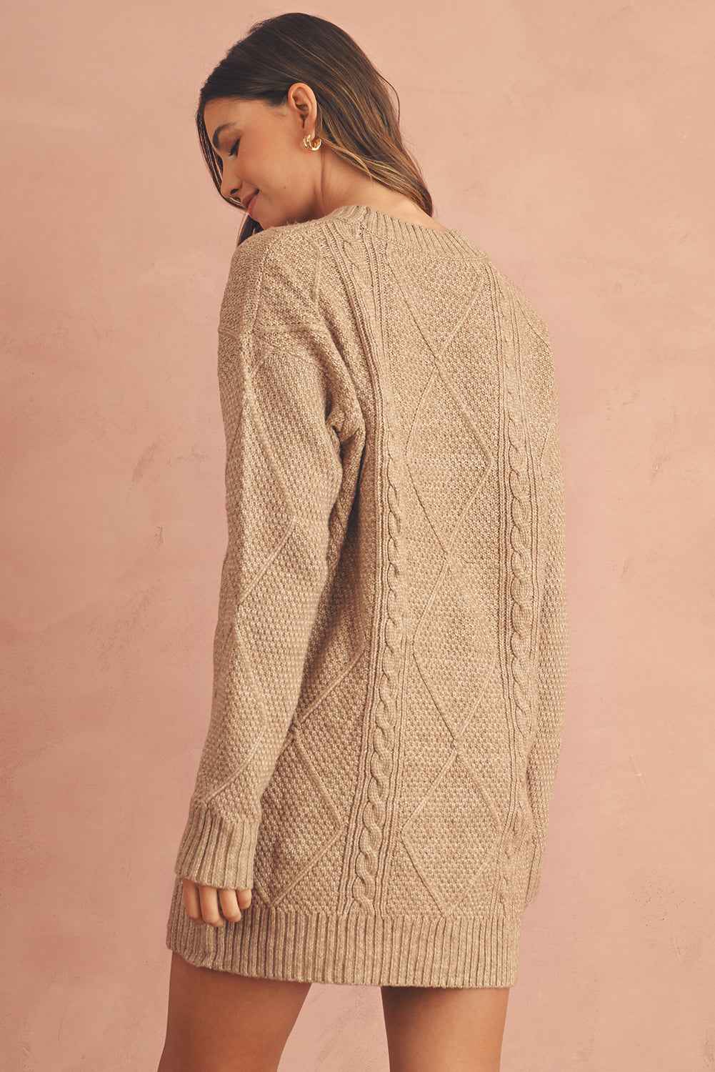 Oatmeal Cable Knit Drop Shoulder Loose Fit Sweater Dress 39c3e4dc69455698