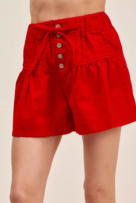 Solid Twill Denim Pintucked Buttoned Shorts With Waist Tie RED 39c5bb6d-1bca-471d-85a6-dbc59bab3ea3-Max-Origin