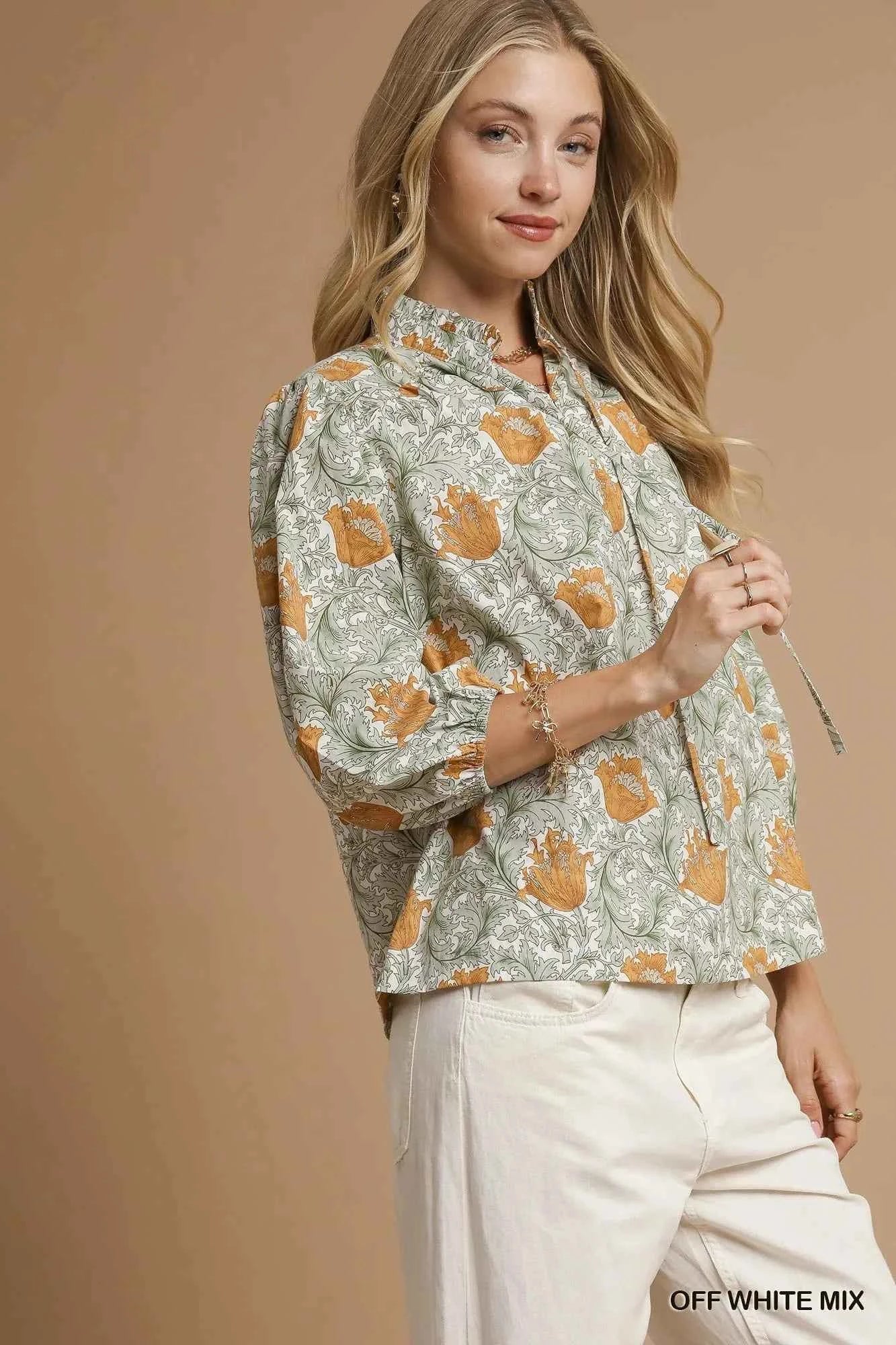 Umgee Floral Print Tie Neck 3/4 Sleeve Blouse 39c85fc1-5507-4f13-a715-5fe2d87d7c42-Max-Origin