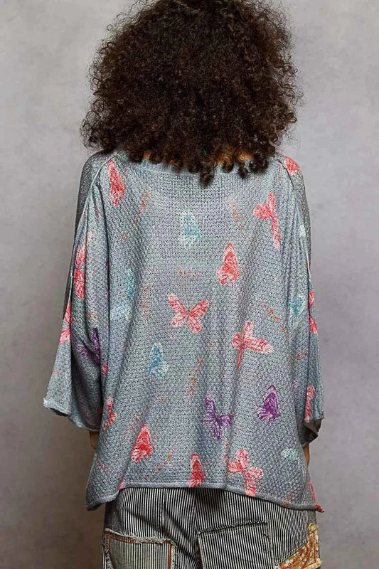 Butterflies Pattern Round Neck knit Top with Outseam Rolling Edge 39d32576-4d81-4de2-8218-c862b7143bf1-Max-Origin