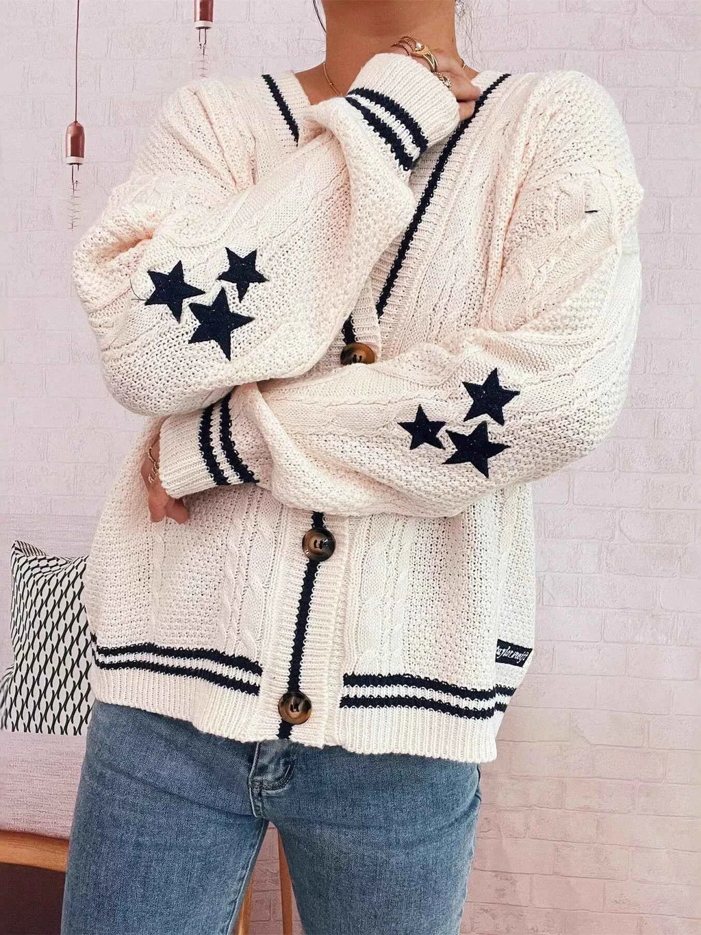 Star Pattern Button-Up Cardigan with Contrast Trim White One Size 39d6f81327e049e1a7d2b5e31e72f215-Max-Origin
