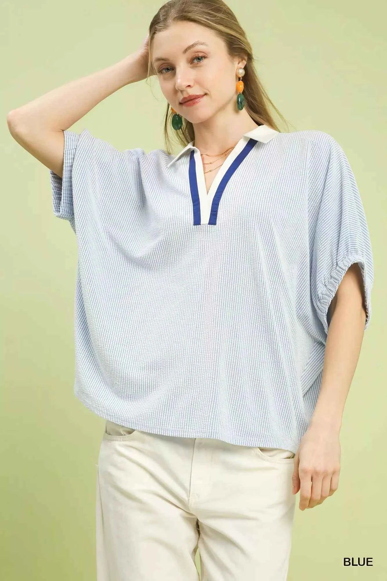 Contrast Collar V-Neck Top BLUE 39e6d025-8314-45fc-a94a-c0d1dc4a0ce0-Max-Origin