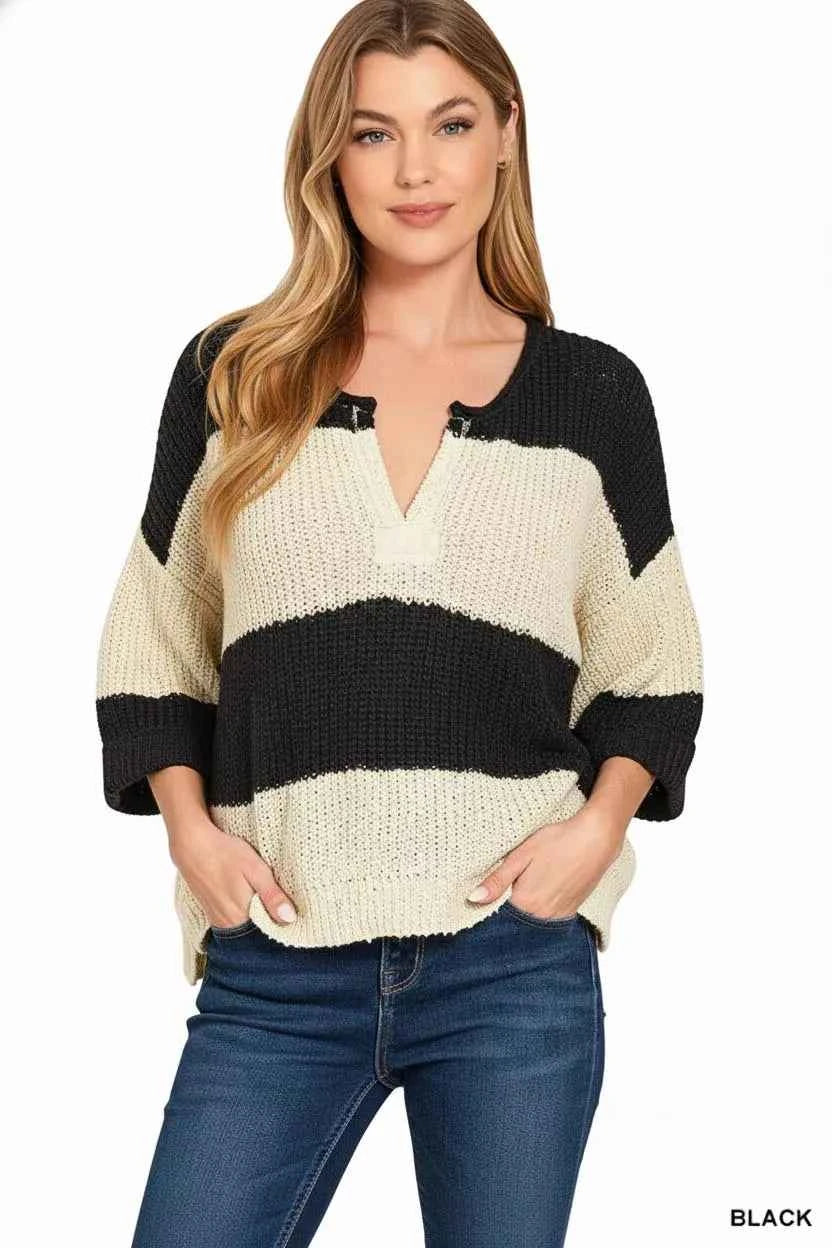 Zenana Split Neck Stripe Sweater 39e714e2-40a4-4974-98e1-e0f2d4b2044e-Max-Origin