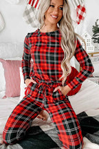 Red Festive Plaid Print Round Neck Long Sleeve and Pants 2 Piece Lounge Set 39e9763e1990fc35