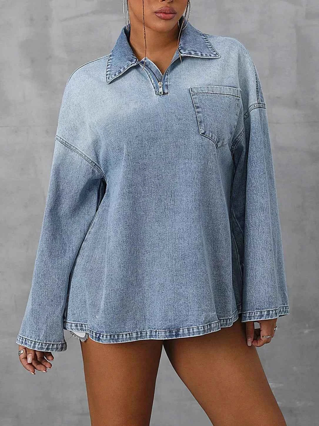 Collared Neck Drop Shoulder Denim Top 39f3ec48-bcb0-4af7-8314-b7edc4e7967e-Max-Origin