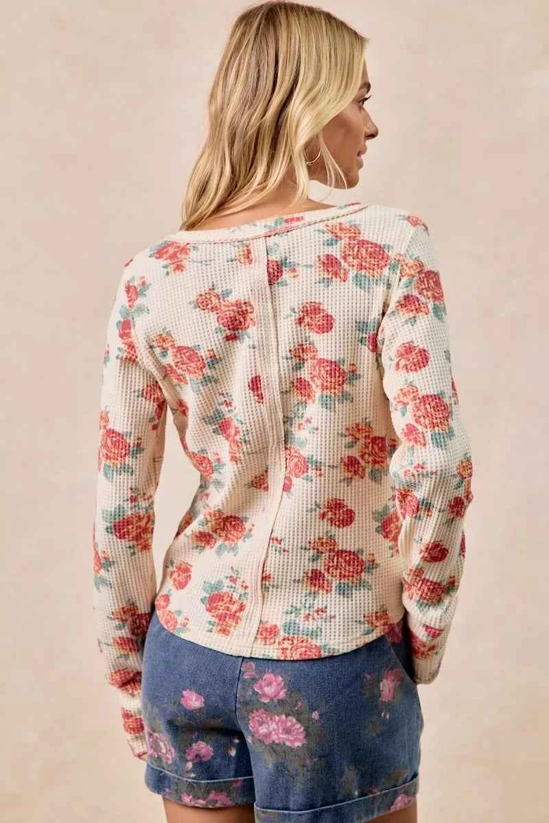 BiBi Floral Print Washed Waffle Thermal Top With Thumb 39f4264da73a45cdb15ba352320abdef-Max-Origin