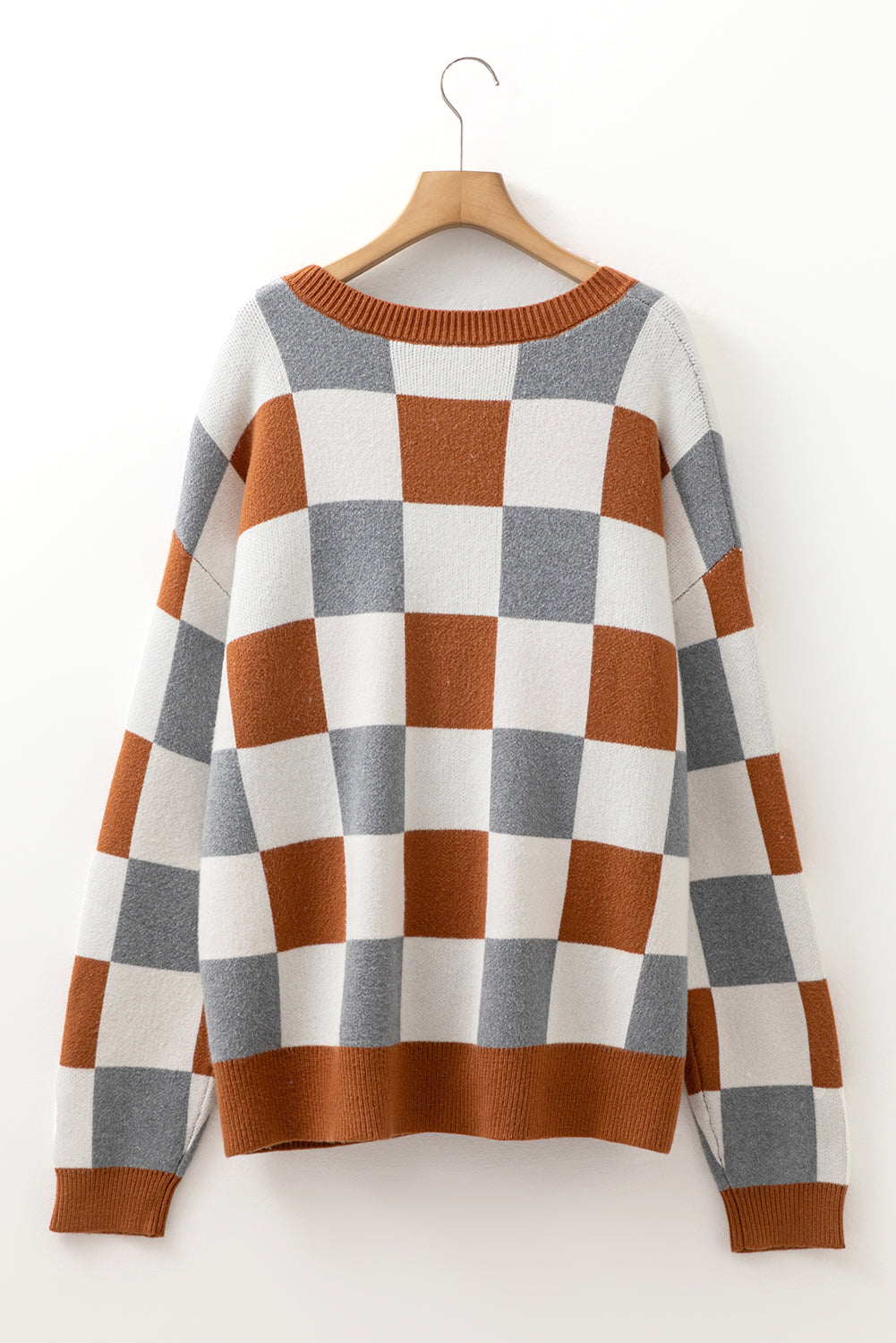 Brown Colorblock Checkered Drop Sleeve Plus Size Sweater 39fa44cb60cf41e1