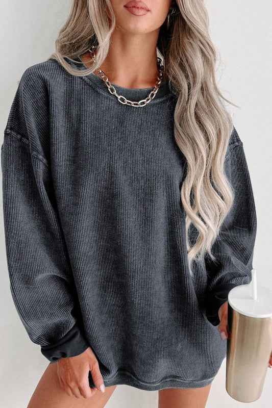 Solid Ribbed Knit Round Neck Pullover Sweatshirt 39fa5322-bbde-45de-a436-8dad28e2a74e
