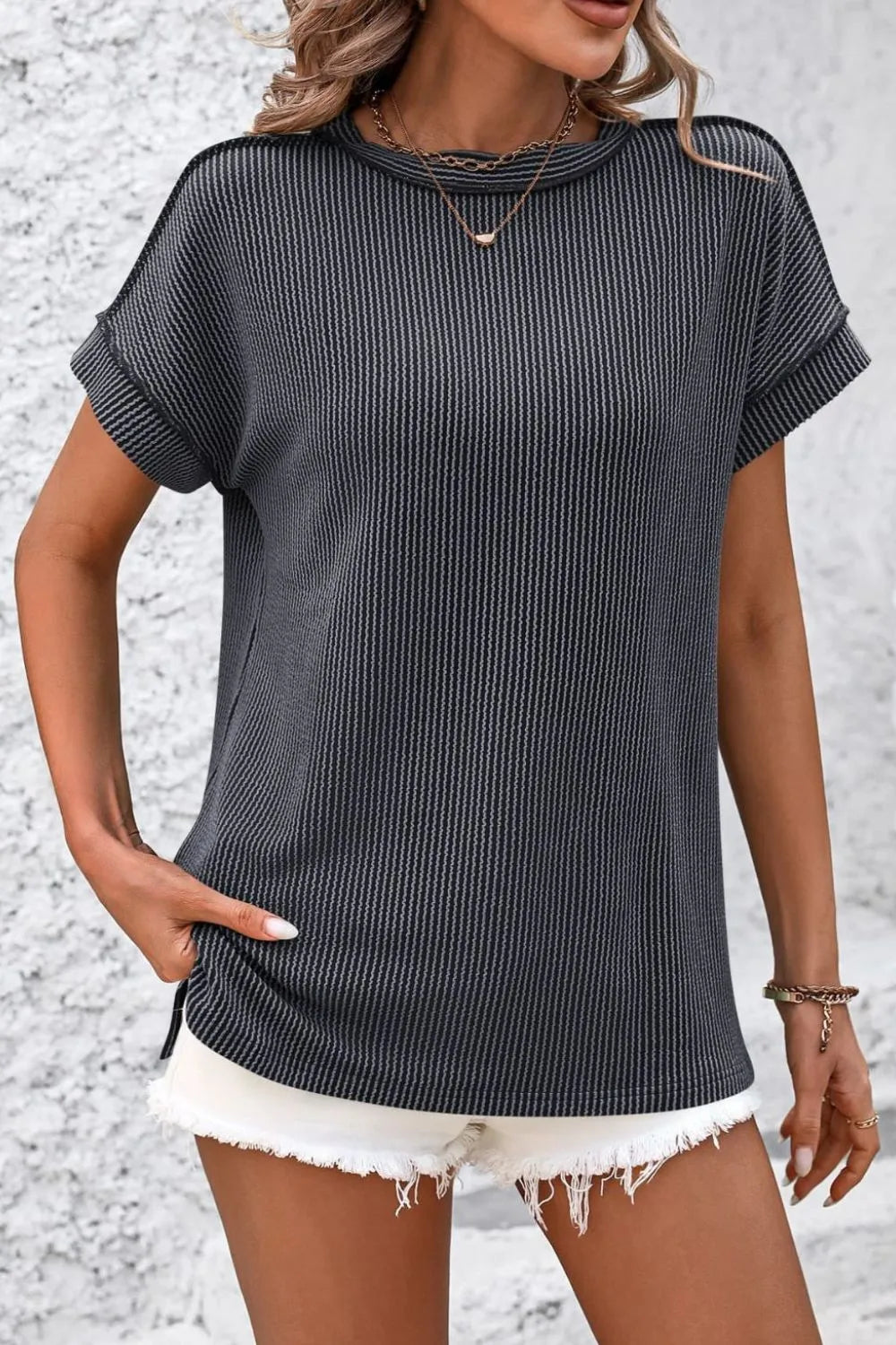 Mandy Striped Round Neck Short Sleeve T-Shirt 39faf3d7-9389-476f-864e-b94196570a2e-Max