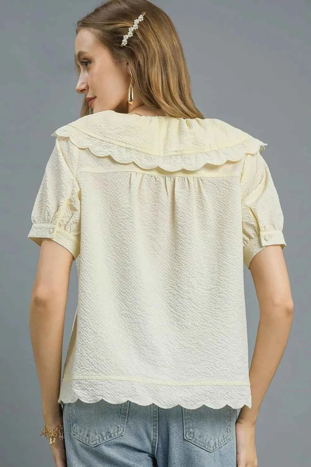 Umgee Peter Pan Collar Short Sleeve Blouse 3a01a756-d78a-4281-bfdc-72e77e651de4-Max-Origin