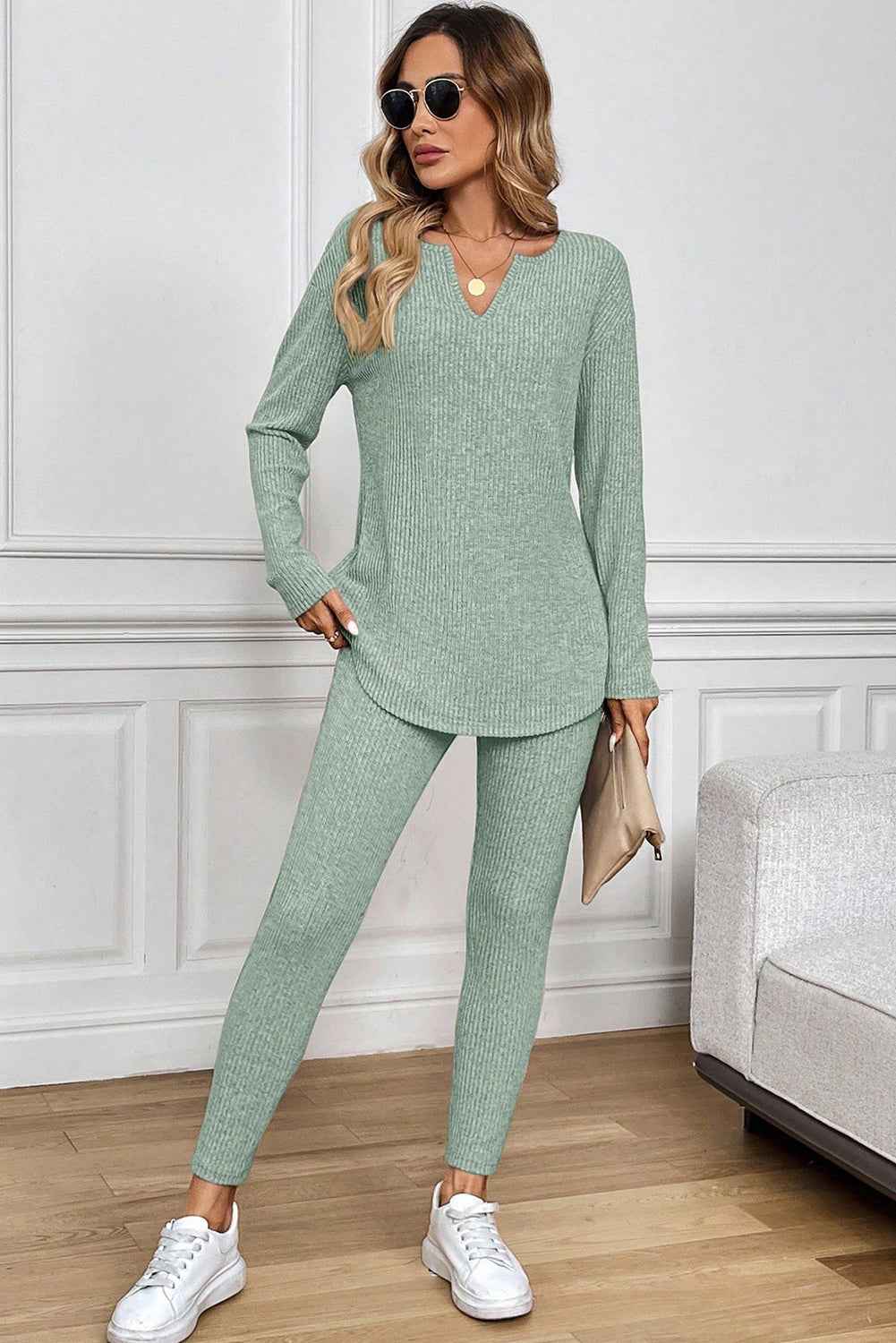 Racing Red Ribbed Notched Neck Knit Long Sleeve Leggings Two Pieces Lounge Set 3a0204fefe306040