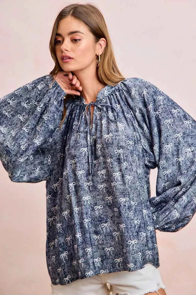 BiBi Ribbon Bow Print Exaggerated Balloon Sleeves Top 3a07b01fa5944098a7915848916cbd87-Max-Origin