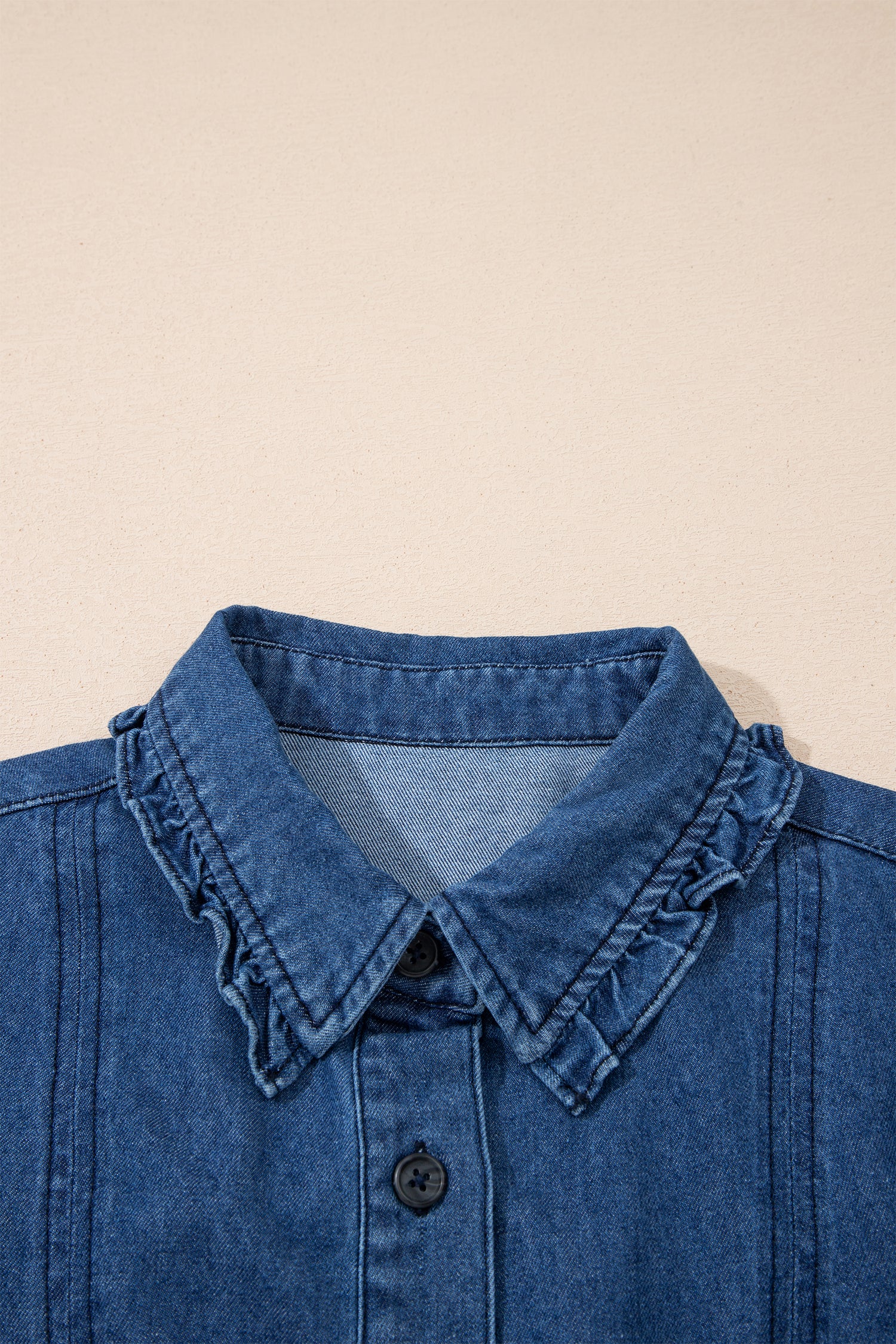 Sail Blue Ruffled Edge Collared Shift Denim Dress with Pockets 3a08c50689036778