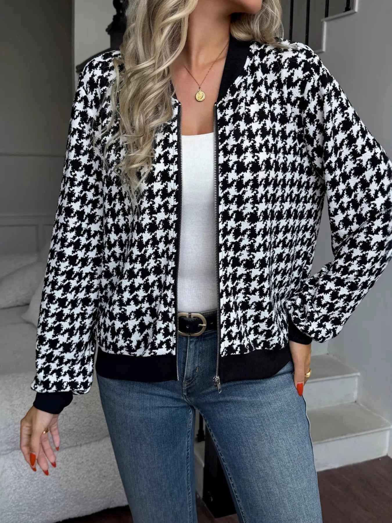 Zip Up Houndstooth Pattern Jacket 3a09dd57160a4734a3e293d2b36bc1ea-Max-Origin