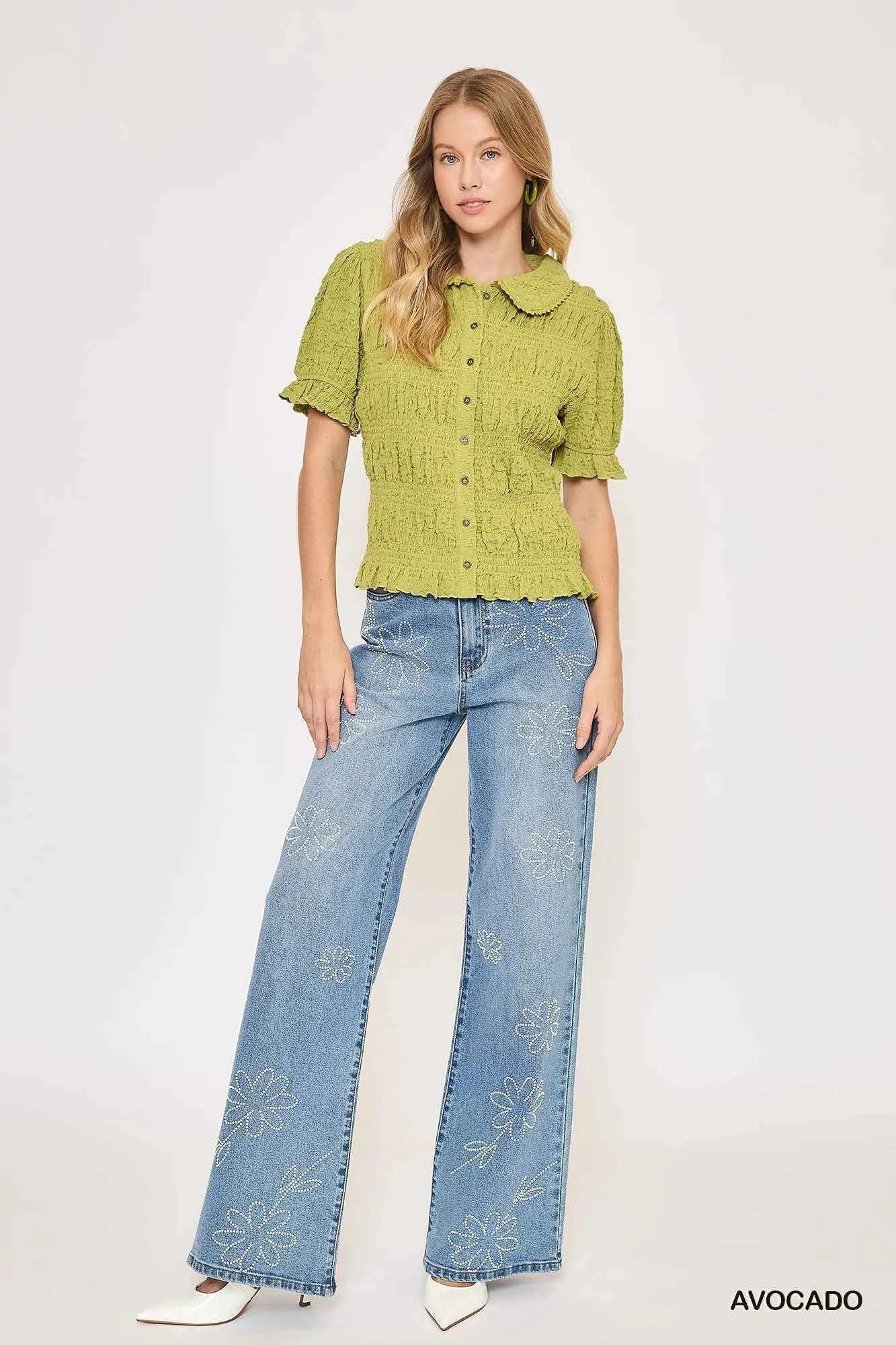 Umgee Smocked Short Sleeve Button-Front Shirt with Peter Pan Collar 3a0a4615-0991-4f97-a9ed-757f4d08331a-Max-Origin