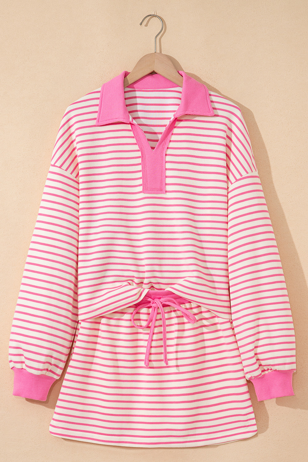 Green Striped Collared V Neck Drop Shoulder Pullover and Skirt Set 3a0ca6c8e4a8282e