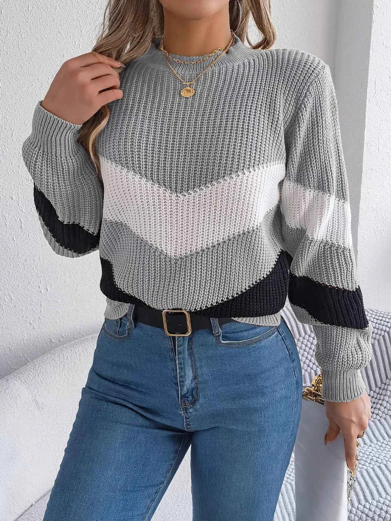 Chevron Stripe Color Block Round Neck Sweater 3a0e714f44234e21a8703592f34aa177-Max-Origin