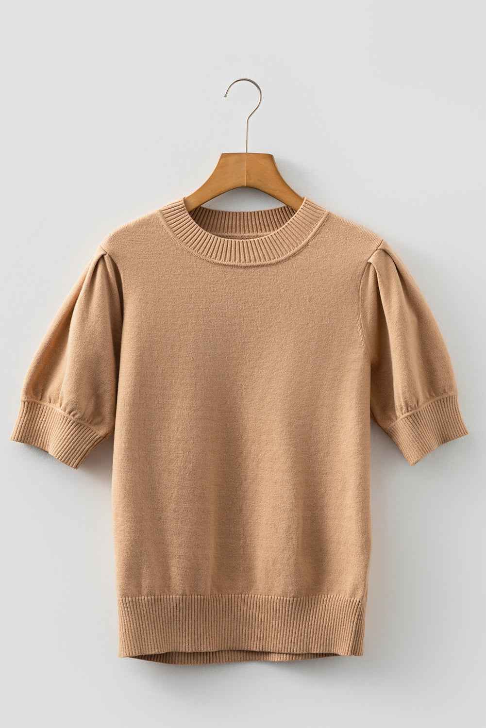 Light French Beige Solid Color Knit Short Puff Sleeve Sweater 3a0f4100a7740f4a
