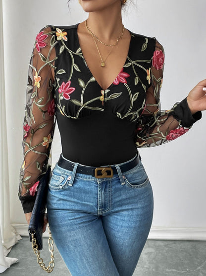 Perfee Embroidered V-Neck Long Sleeve Bodysuit