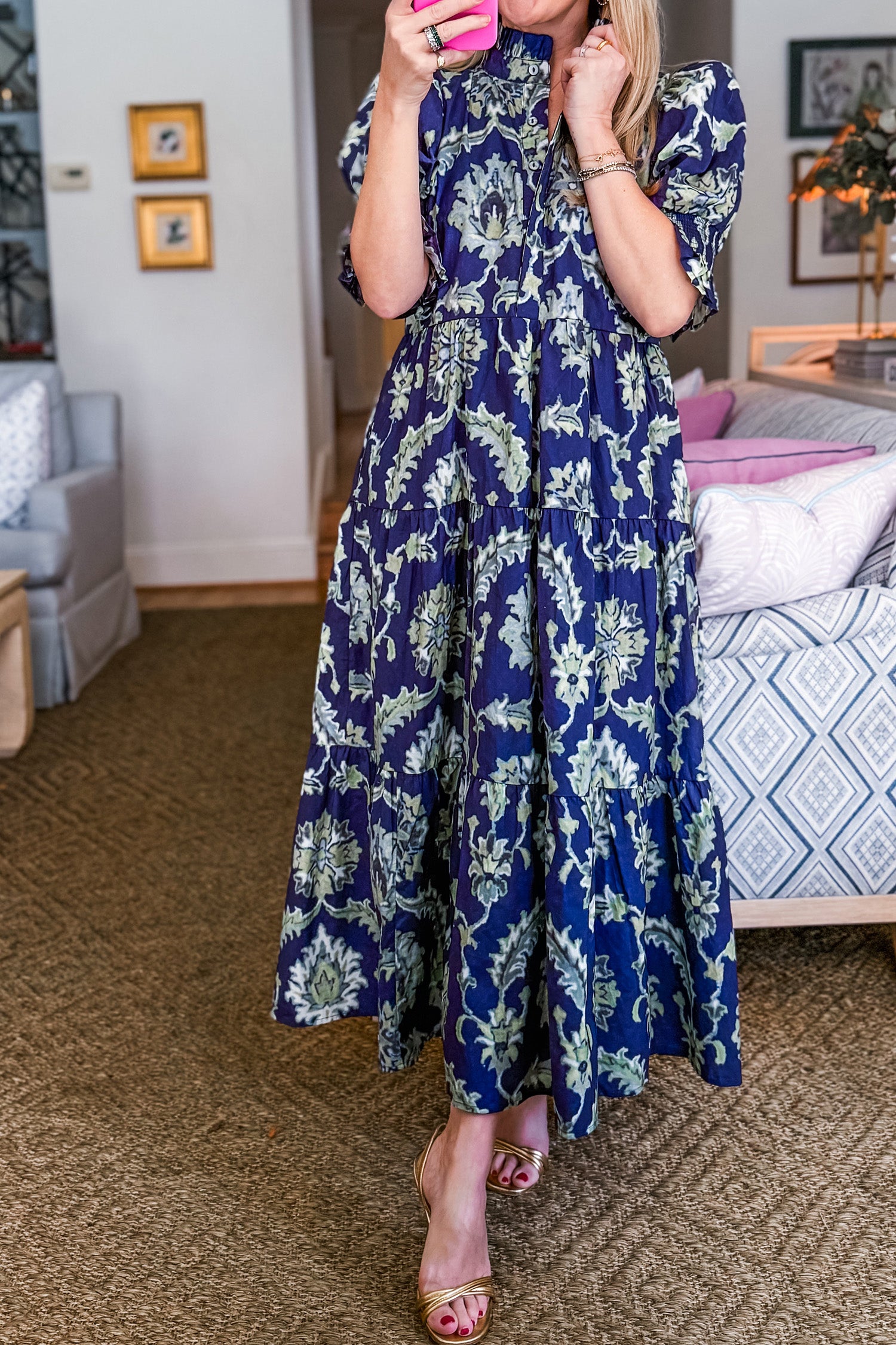 Blue Wild Floral Print Frilled Collar Half Sleeve Long Dress 3a1a5e8c704b4130