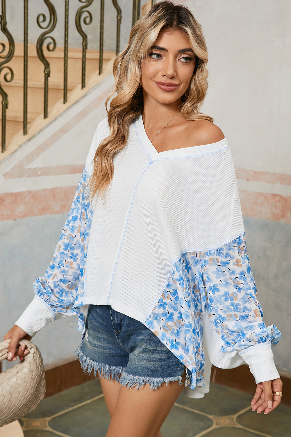 White Abstract Patchwork Waffle V Neck Dolman Top 3a1e34d6fae912c6