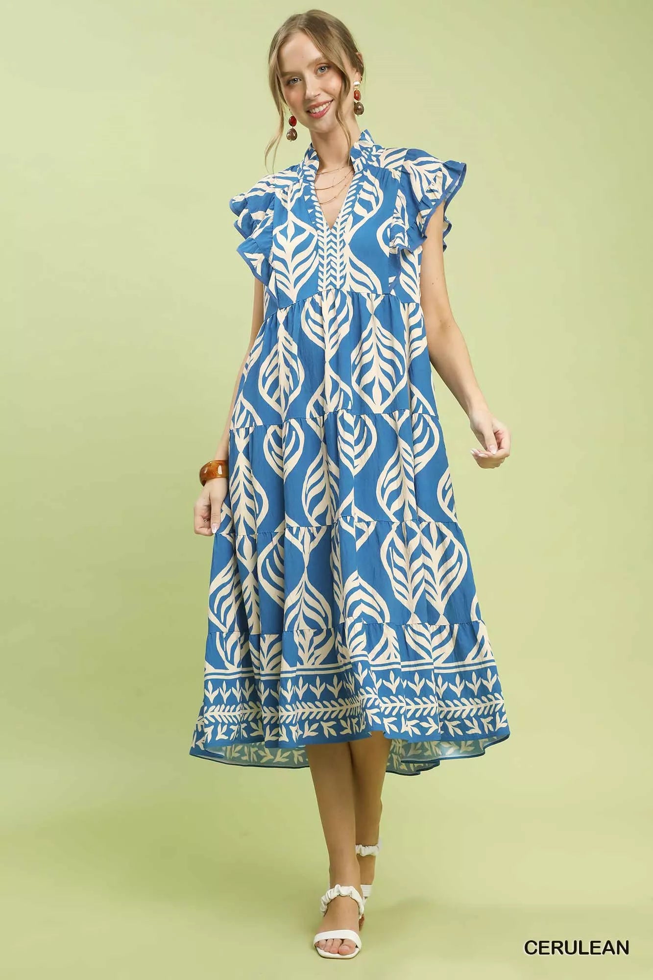 Umgee Leaf Print Tiered Midi Dress with Pockets CERULEAN 3a22fb9f-a06a-4bf7-8ef8-bc627649cff1-Max-Origin