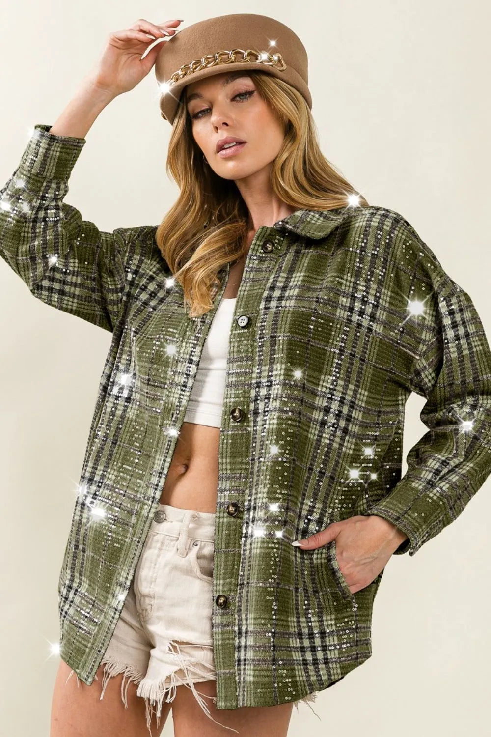BiBi Allover Clear Sequins Vintage Plaid Jacket OLIVE MULTI 3a2c2d26-40e7-470b-a6f2-a34cef966a42-Max-Origin