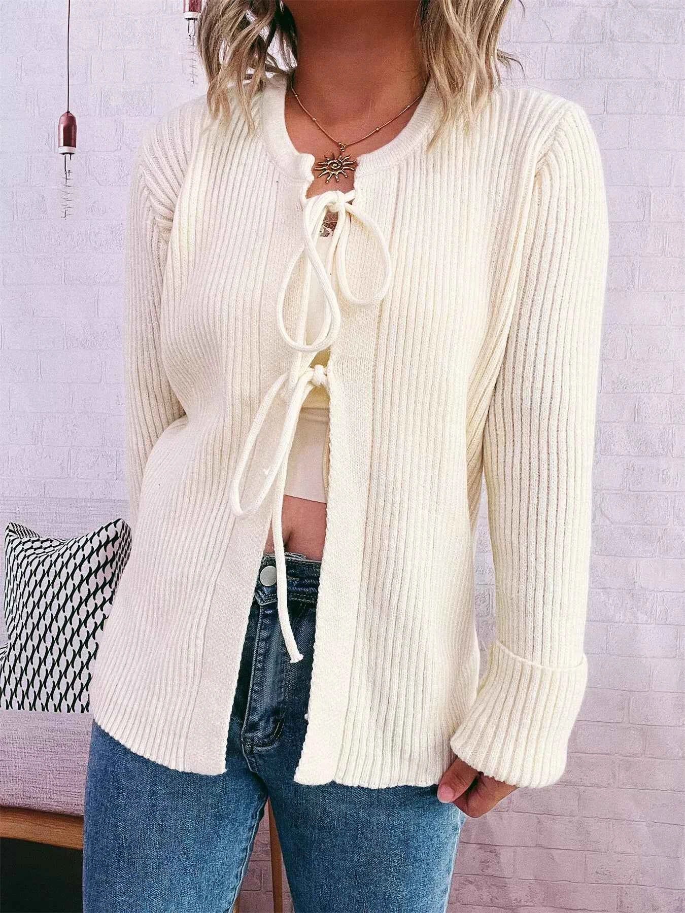 Ribbed Tie Front Long Sleeve Cardigan 3a2e7634b9a34b9da51bdaaf91d31803-Max-Origin