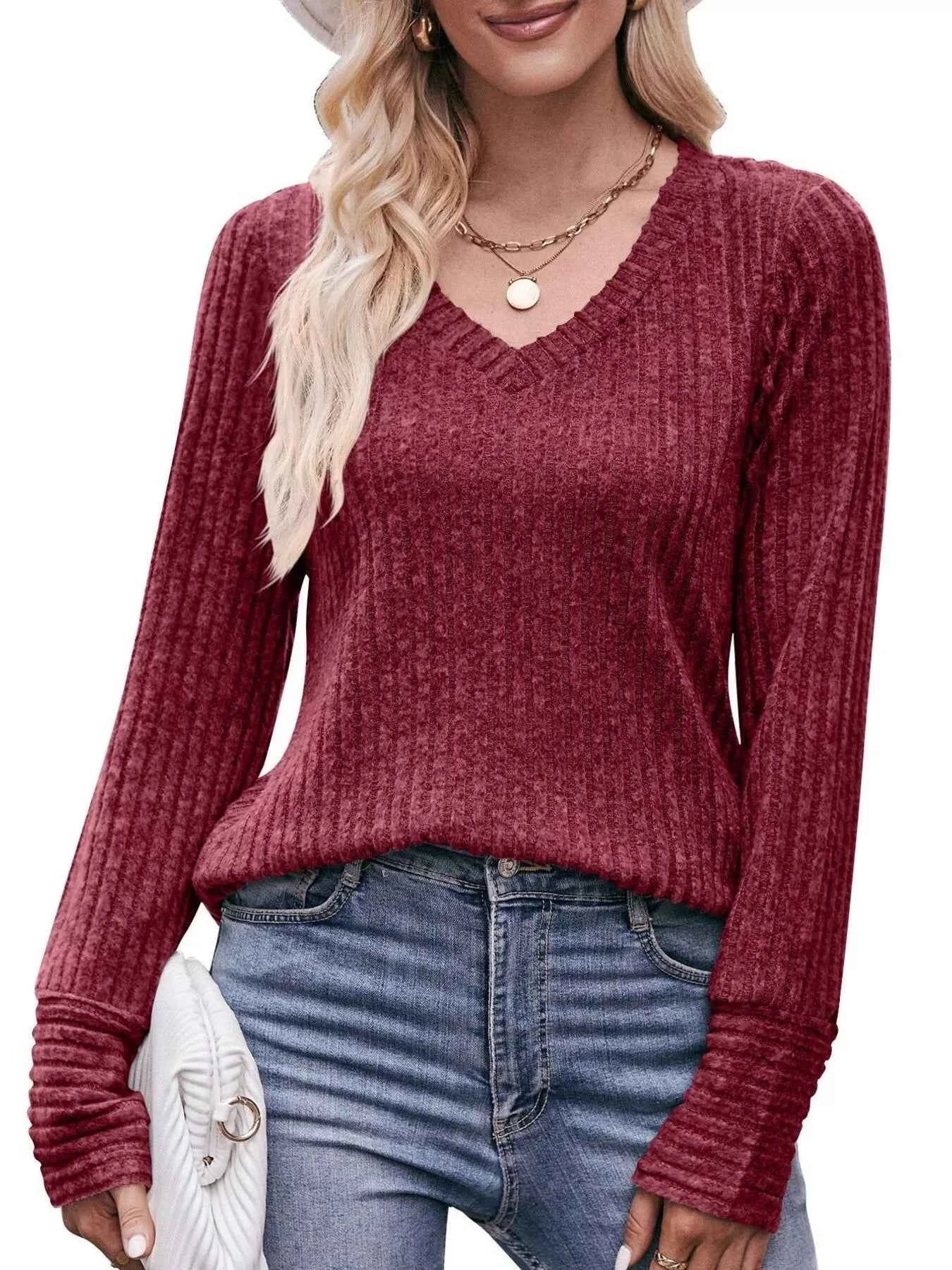 V-Neck Ribbed Knit Long Sleeve T-Shirt Burgundy 3a2fad56-2e61-467d-931c-8757073e80fb-Max-Origin