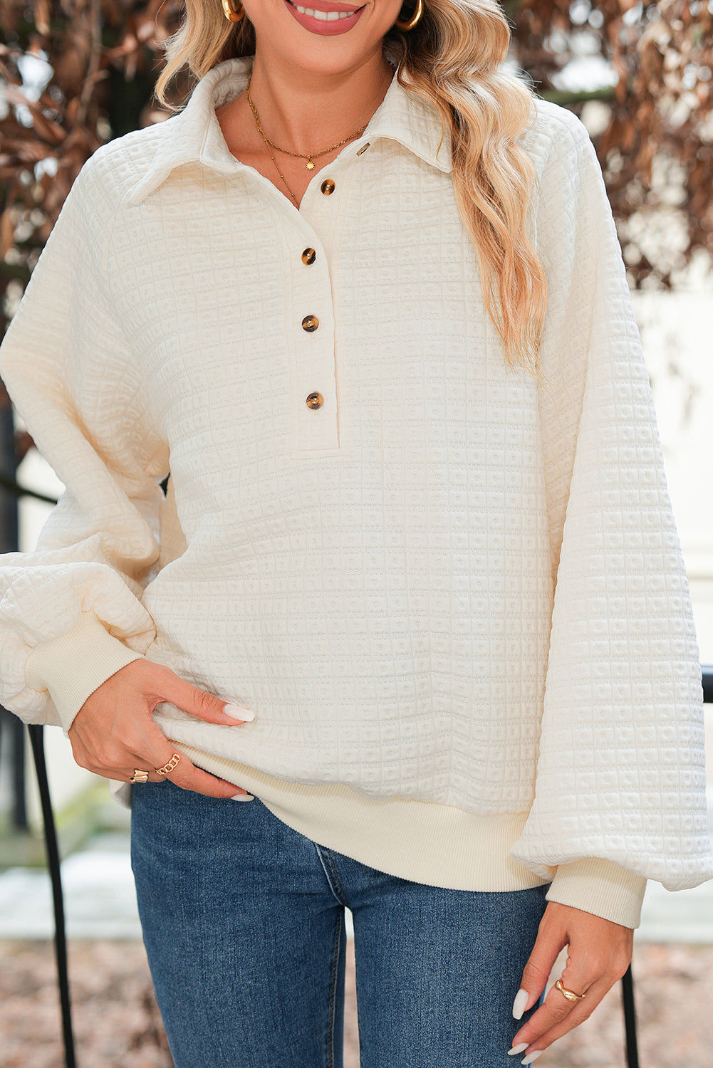 Beige Balloon Sleeve Casual Collared Button Sweatshirt 3a2ff0cc6a7c8cc9