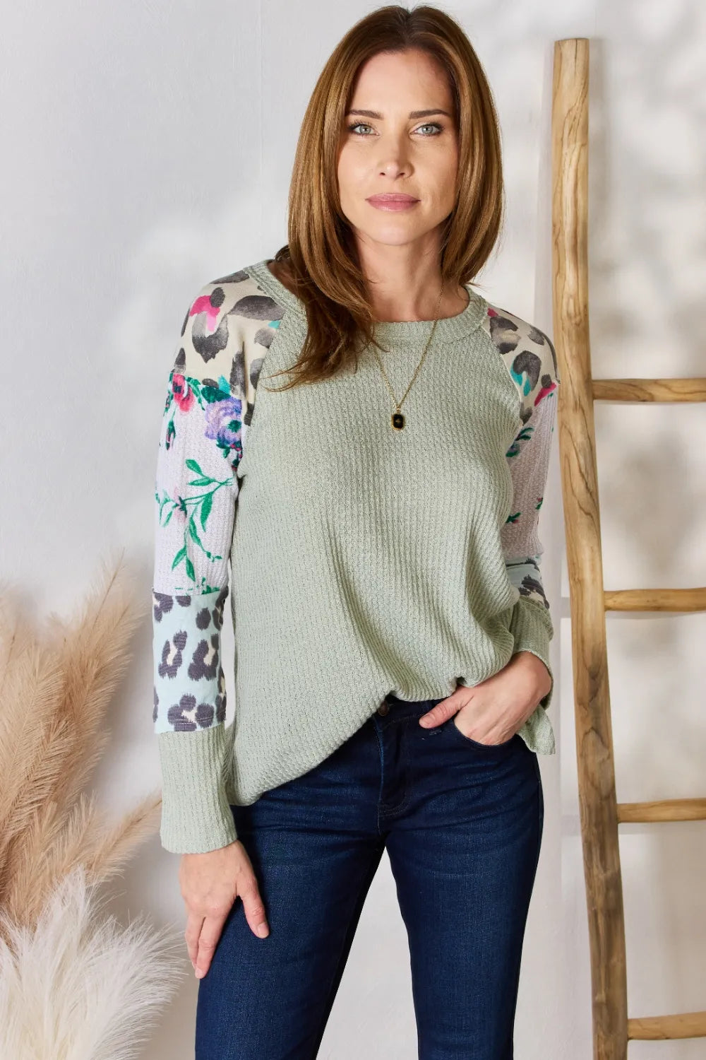 Hailey & Co Full Size Printed Round Neck Blouse SAGE 3a31ae60-fd91-4644-be43-fc14465ab715-Max
