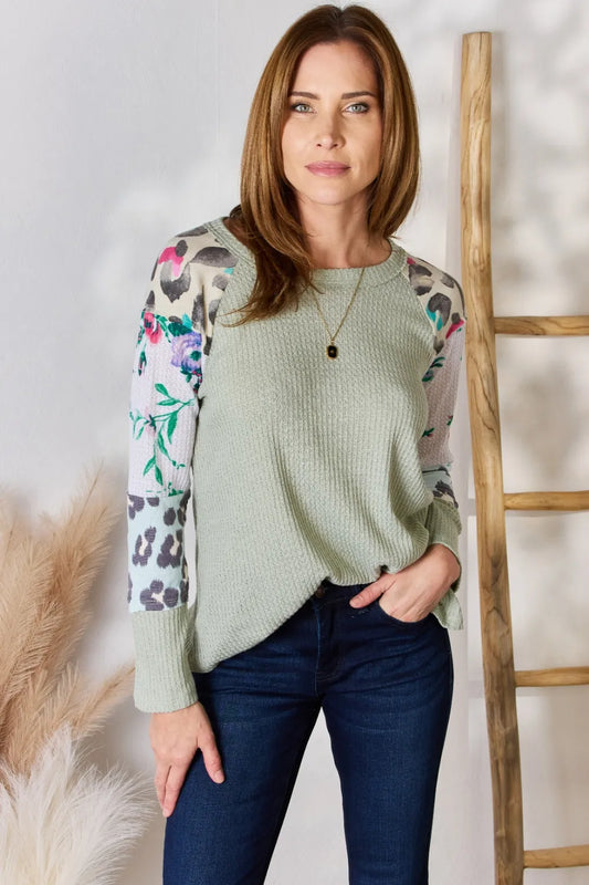 Hailey & Co Full Size Printed Round Neck Blouse SAGE 3a31ae60-fd91-4644-be43-fc14465ab715-Max