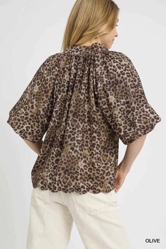 Leopard Bubble Sleeve Scalloped Hem Blouse 3a32b191-e029-4083-af82-bda462deeaf7-Max-Origin