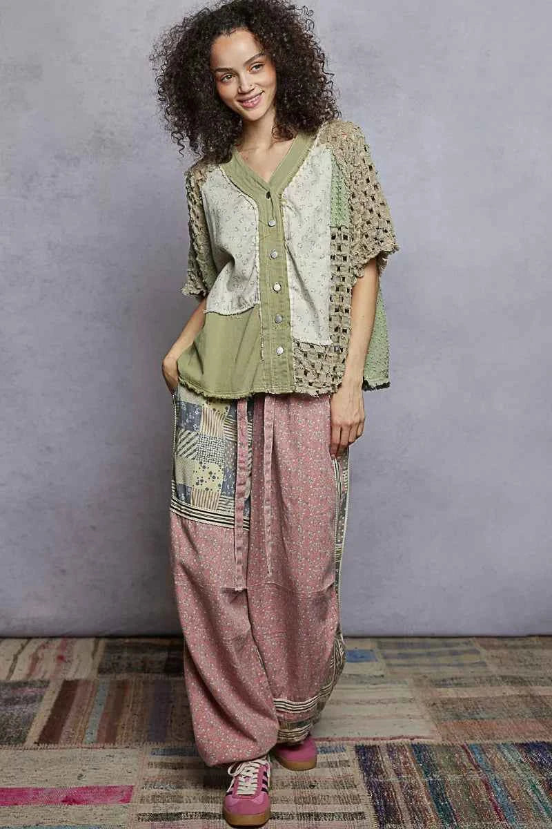 POL Button Down V-Neck Jacket with Printed Woven Patchwork 3a4034be-0a6f-4fe7-b779-ce98dcdf9a86-Max-Origin