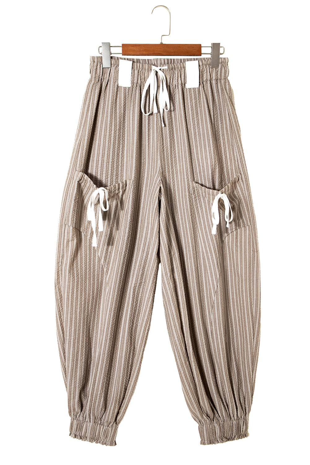 Brown Striped Pocket Knot Detail Lantern Pants 3a502b246d92c8ee