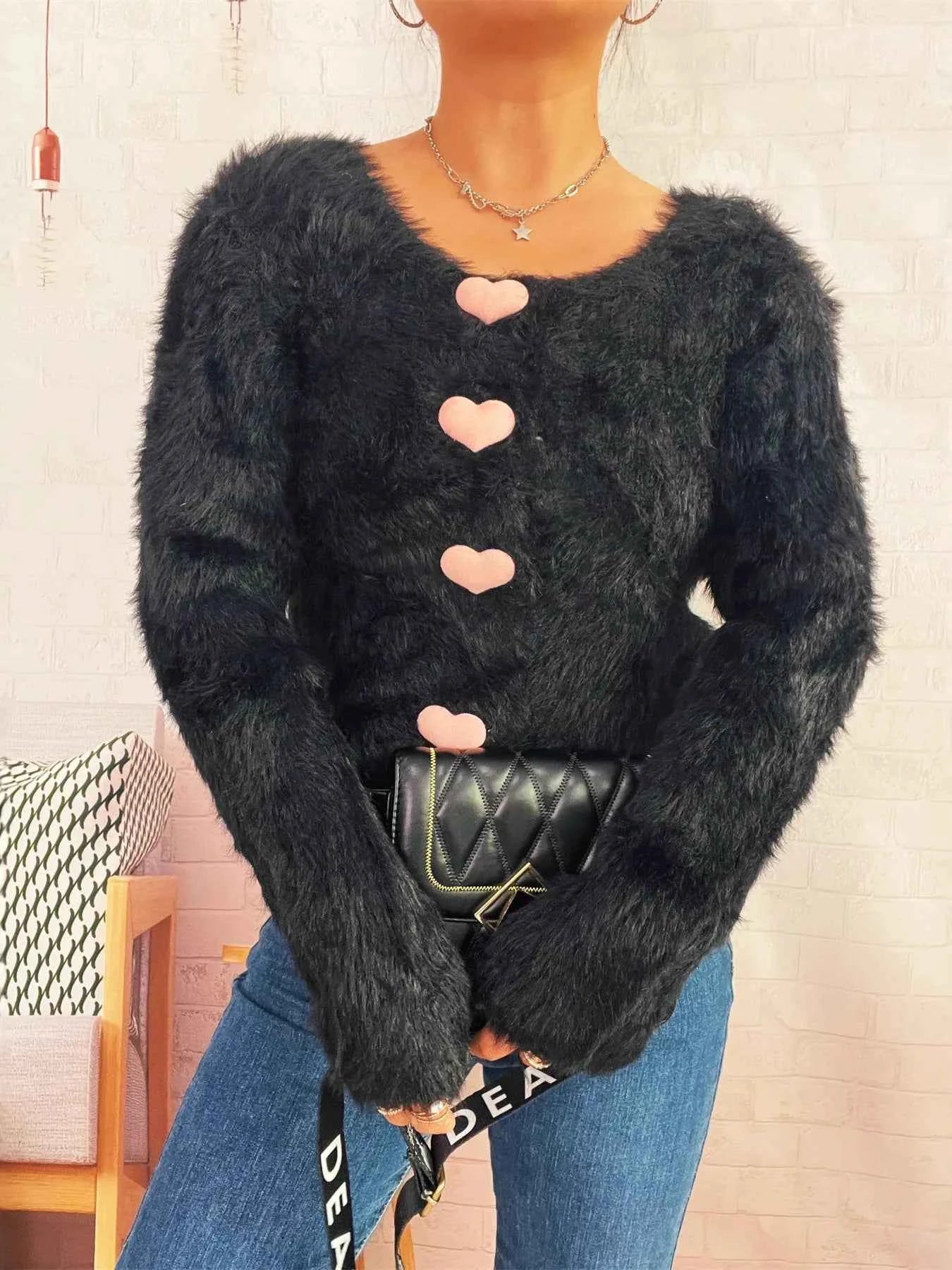 Fuzzy Heart Shape Button-Up Cardigan 3a52205a463f402f838309ff35c674a3-Max-Origin