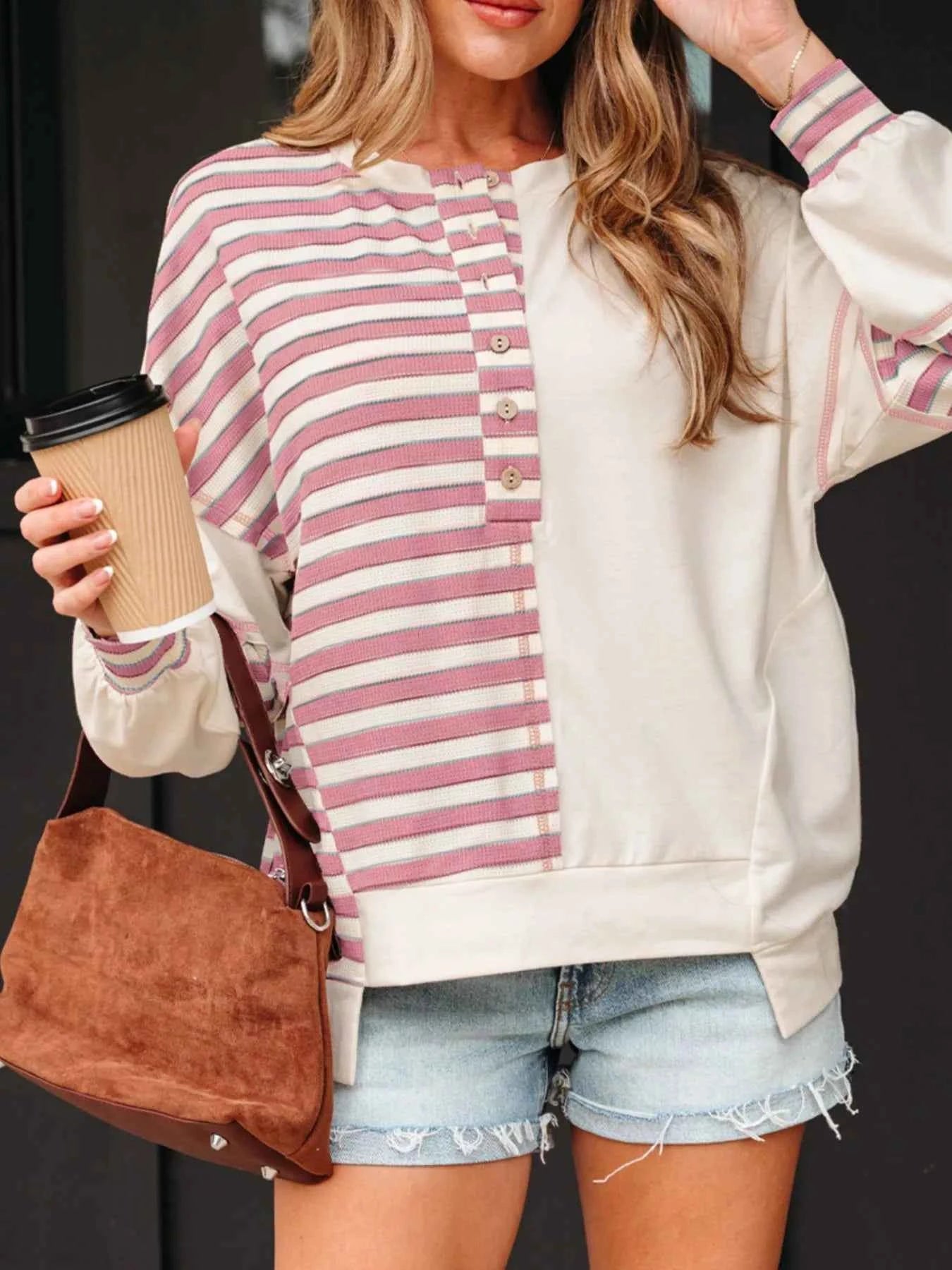 Stripe Stitched Detail Color Block Patchwork Oversized Top Dusty Pink 3a536f9c-14c4-402e-84a1-cb2457b1df9b-Max-Origin