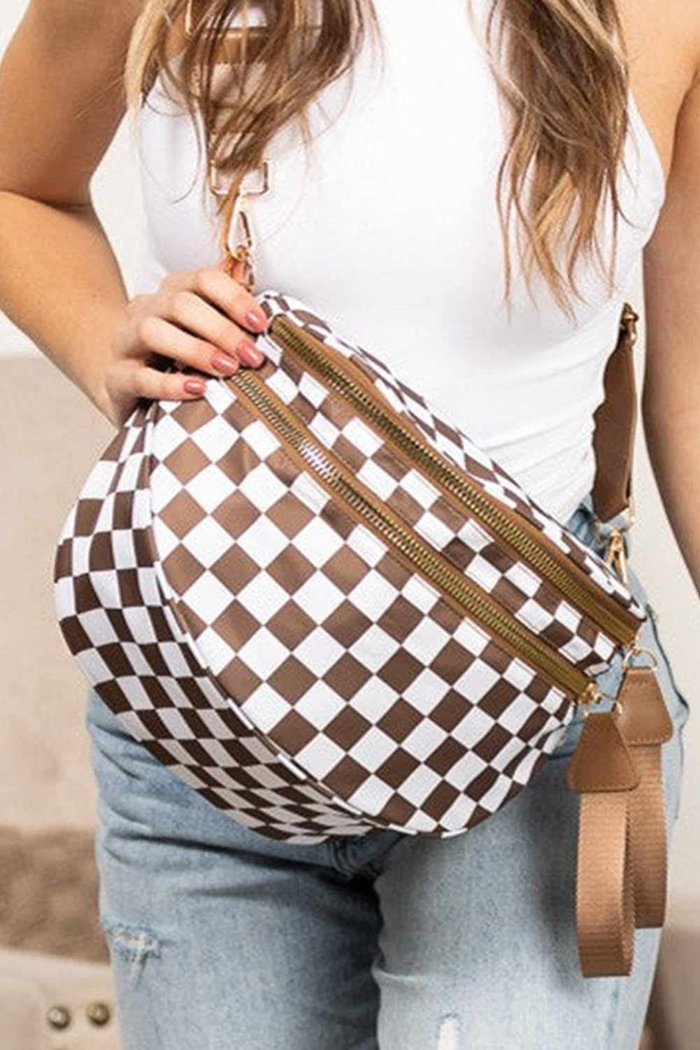 White Checkered Print Wide Strap Large Crossbody Bag Chestnut ONE SIZE 3a578681ec876e6e