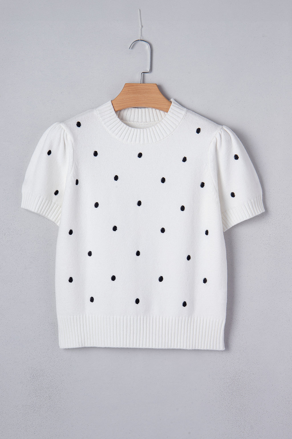 White Elegant Polka Dot Bubble Short Sleeve Sweater 3a6003583ba2c7ad