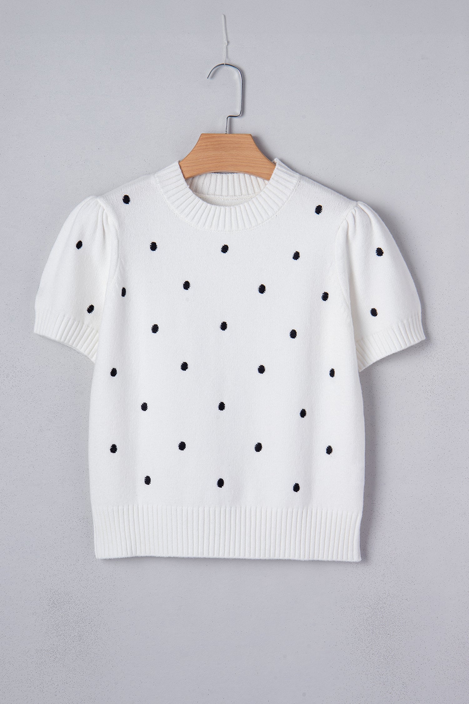 White Elegant Polka Dot Bubble Short Sleeve Sweater 3a6003583ba2c7ad