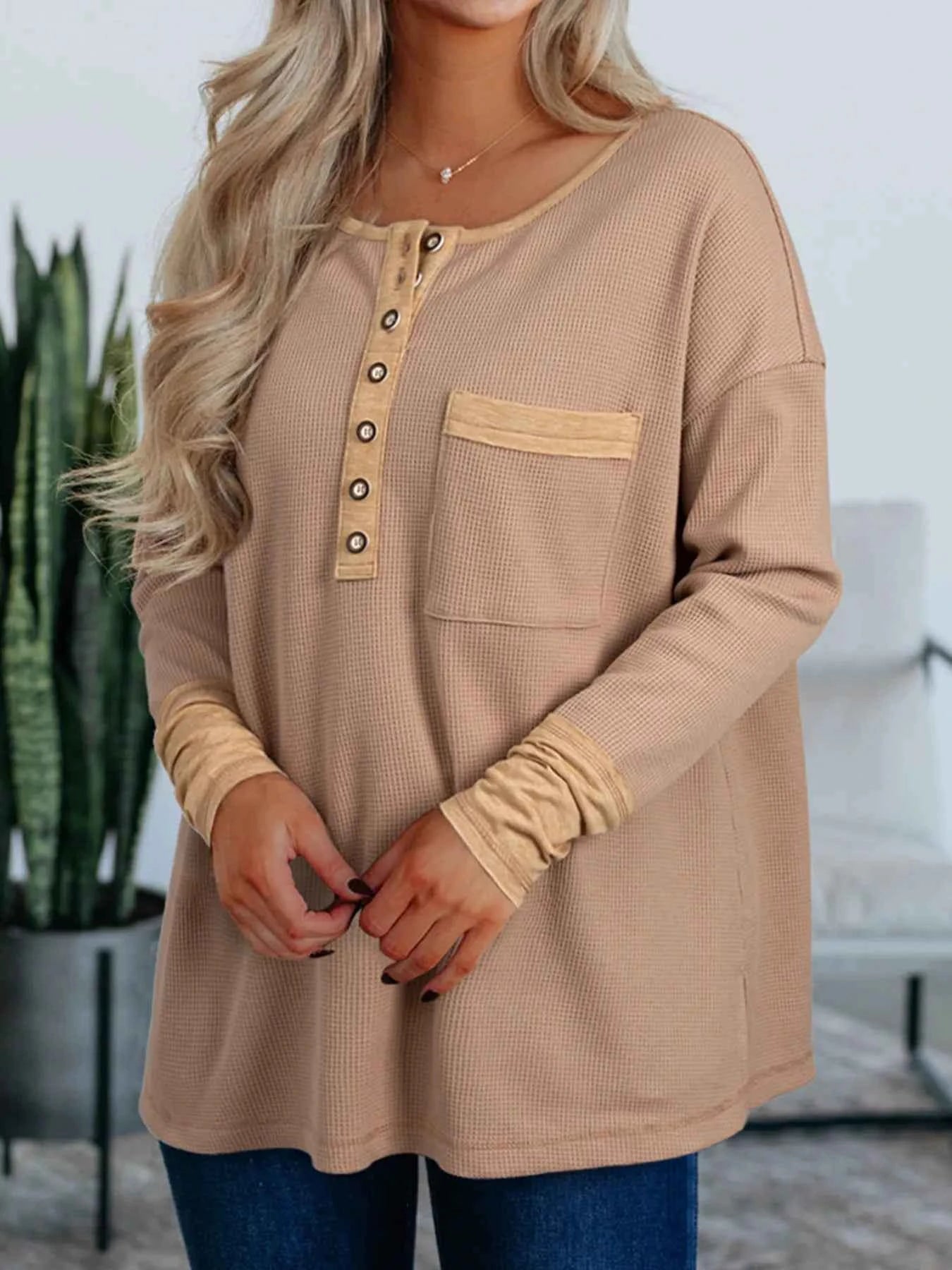 Waffle Textured Tunic Henley Top with Slits 3a607b4625414d419d29fc4c78855b8c-Max-Origin