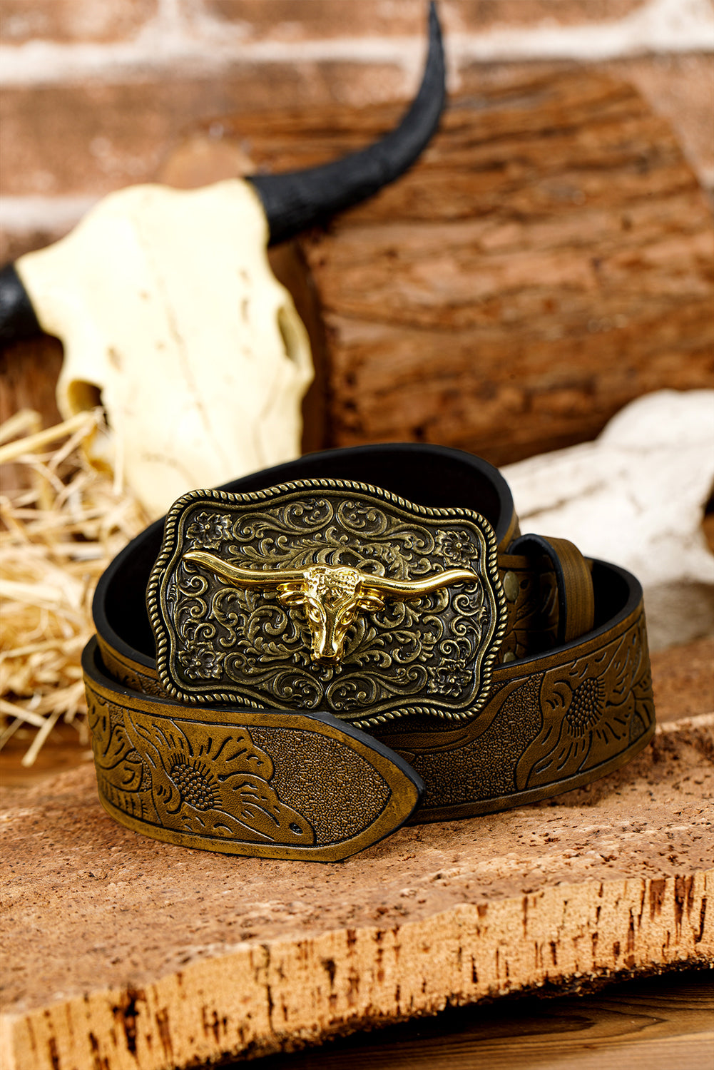 Chestnut Retro Embossed Faux Leather Buckle Belt 3a64eafaa36a3395