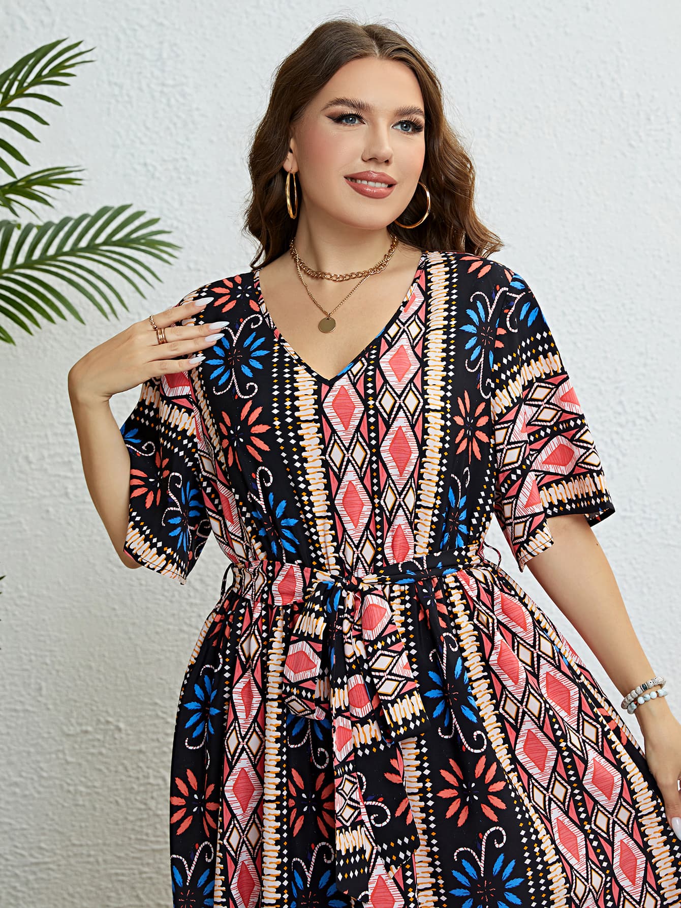Honey Plus Size Bohemian V-Neck Tie Belt Midi Dress 3a6742a815bb4f52b8c2093dcadaea1d-Max