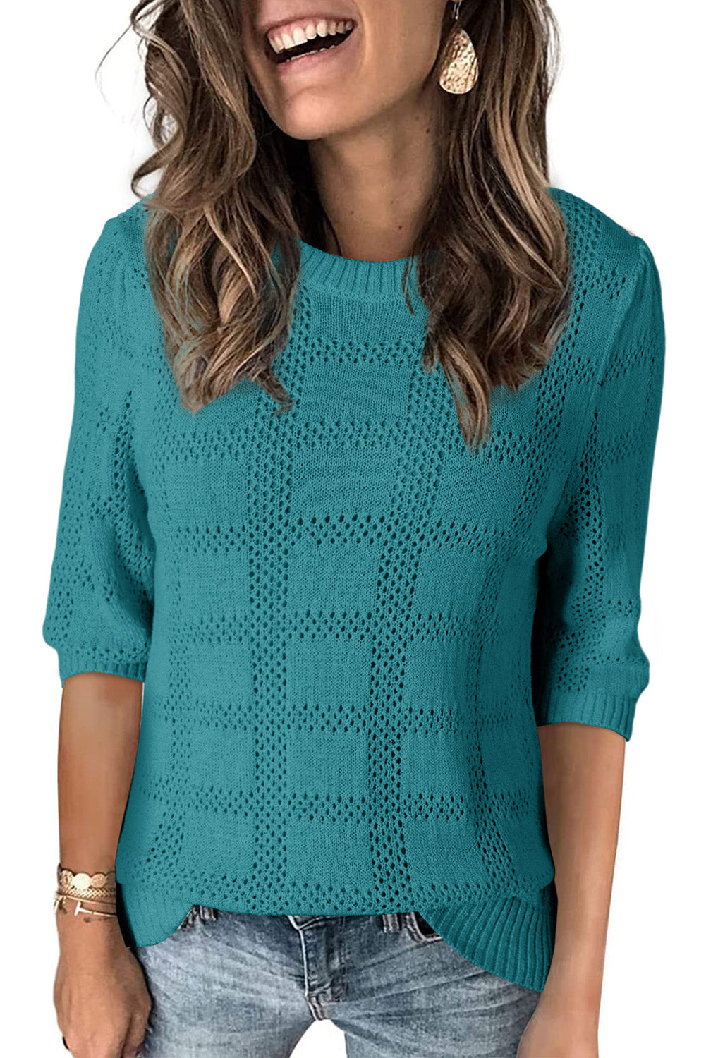 Skobeloff Plaid Pattern Crochet Knit Short Sleeve Sweater 3a6842b371a96aab