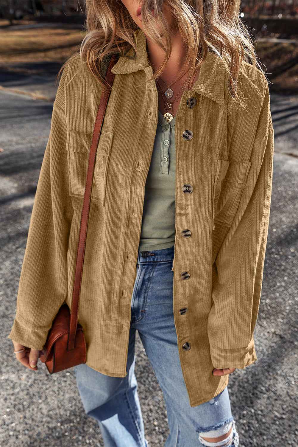 Light French Beige Patched Pocket Button-Up Corduroy Shacket Light French Beige 75%Polyester+20%Viscose+5%Elastane 3a692de9bafbd621