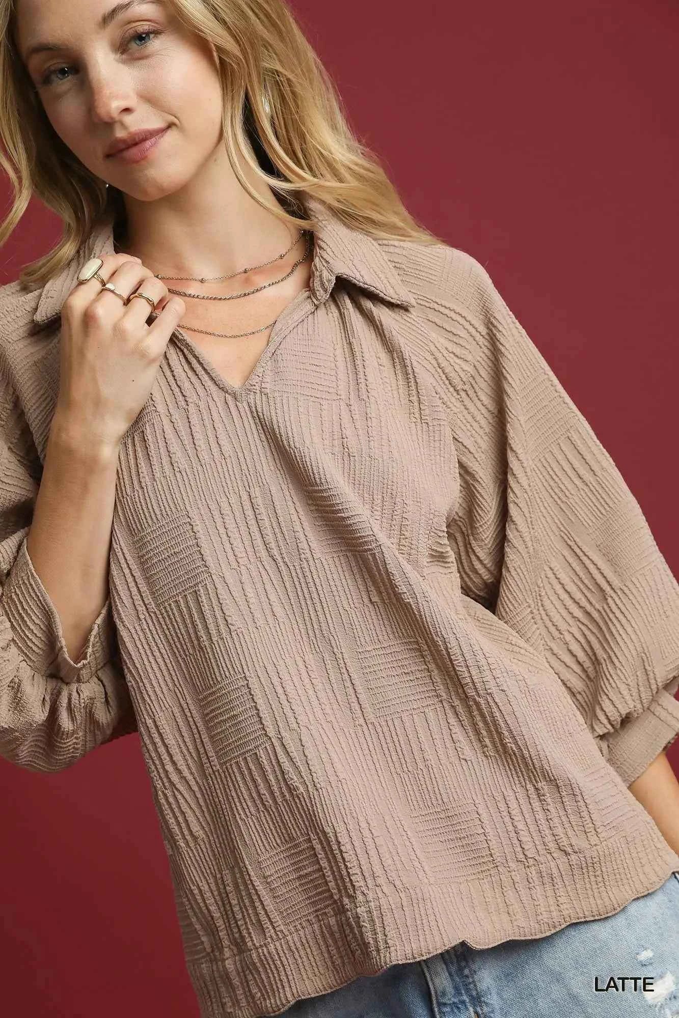 Umgee Oversized Balloon Sleeve Textured Blouse 3a69ce29-16b1-4be0-ad4a-0c99fe2aae65-Max-Origin