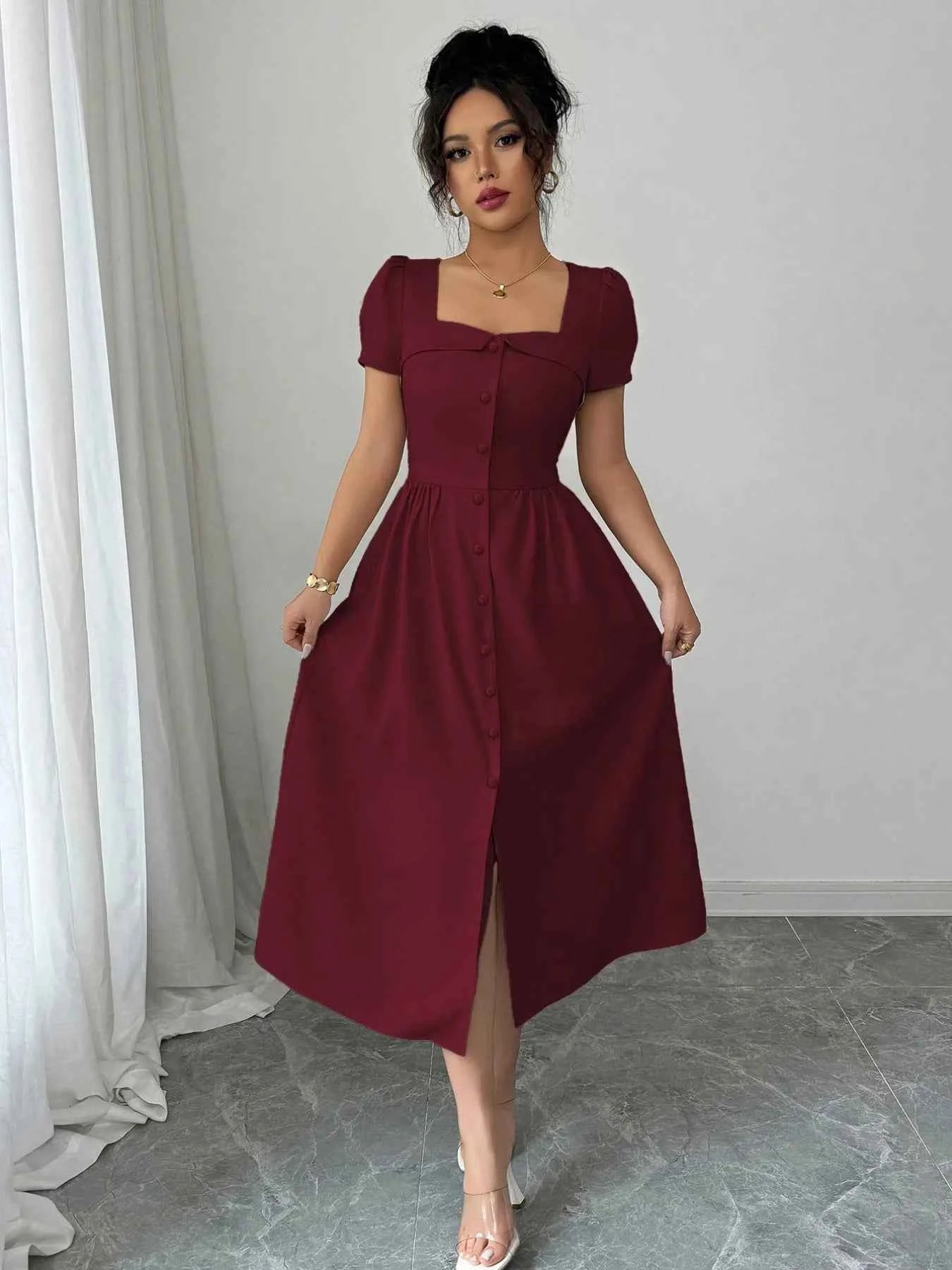 Square Neck Puff Sleeve Midi Dress 3a6f39e0-a1b2-466b-8daf-f6b001d28021-Max-Origin