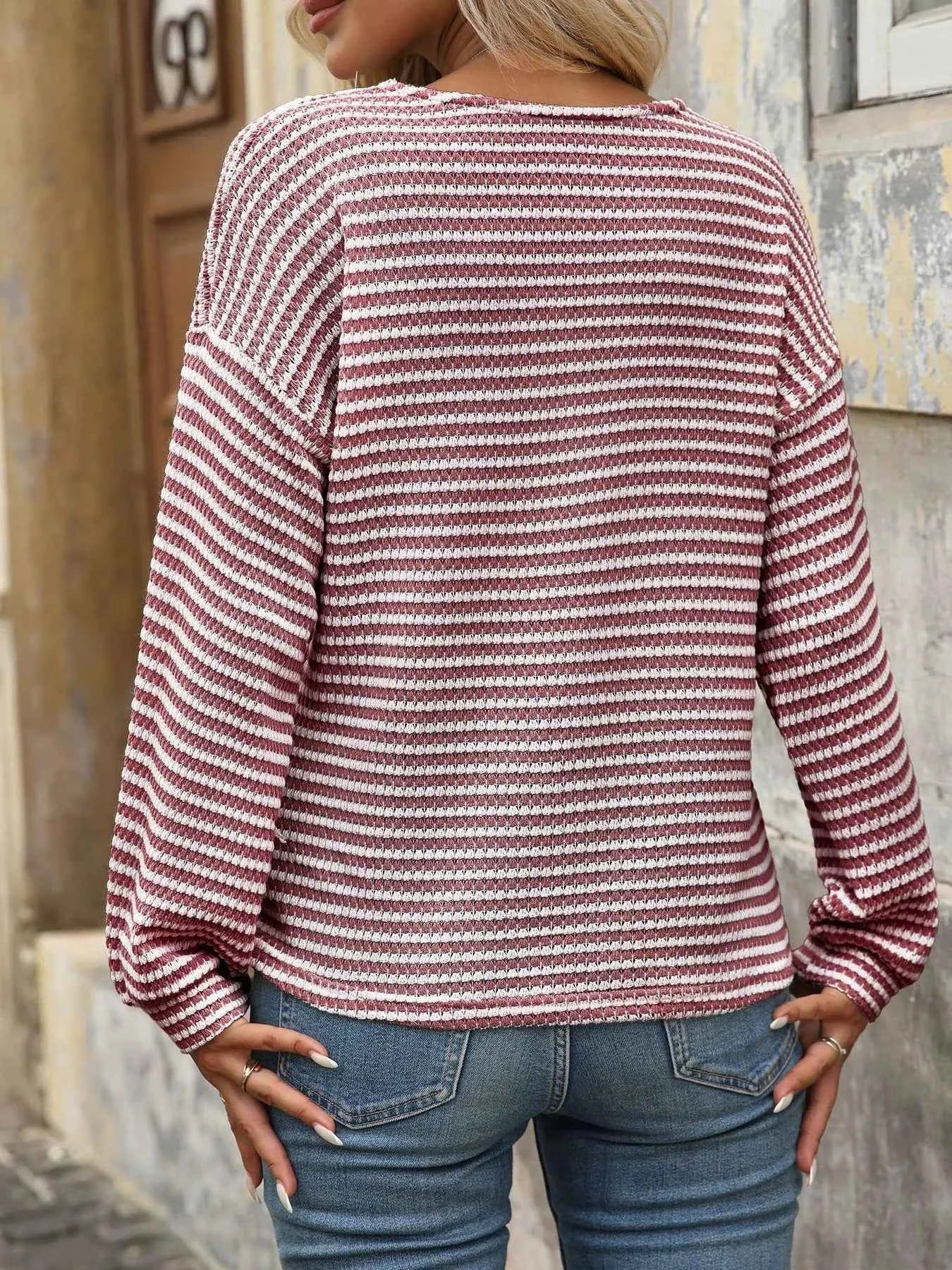 Striped V-Neck Button Front Casual Top 3a78fa996221475ebb8701eaeeb1dc00-Max-Origin